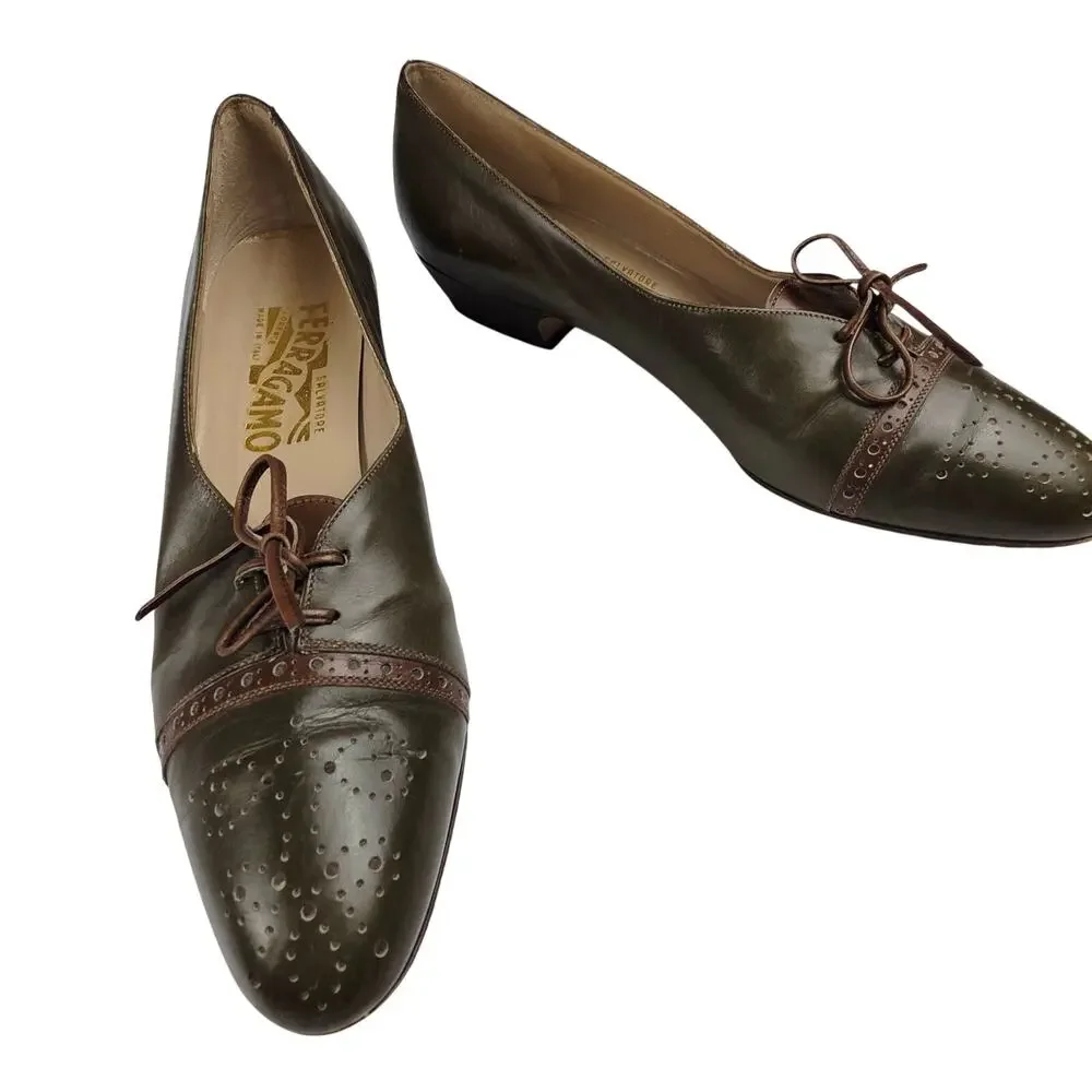70's Salvatore Ferragamo Olive Green Leather Brogue Wingtip Lace-up Oxfords 7AA